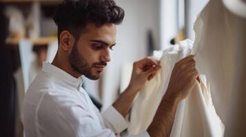 Man Inspecting Fabric in a Workshop photo