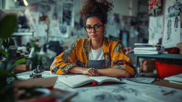 A Young Woman with Curly Hair Leans on a Table with Open Notebook photo
