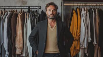 Man in a Black Blazer Standing in Front of a Clothing Rack photo