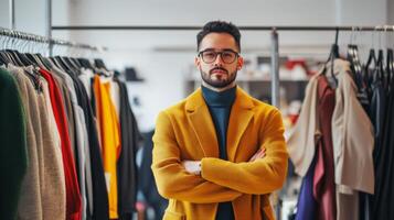 Man Wearing a Yellow Jacket Standing in Front of a Clothing Rack photo