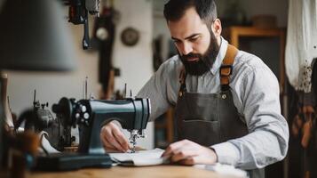 Bearded Man in Apron Using Vintage Sewing Machine photo
