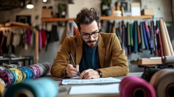 Bearded Man Designing in a Fabric Store photo