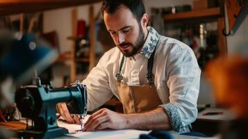 A Bearded Man Wearing an Apron Operates a Sewing Machine photo