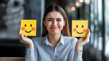 Woman Holding Yellow Smile Face Cards While Frowning photo