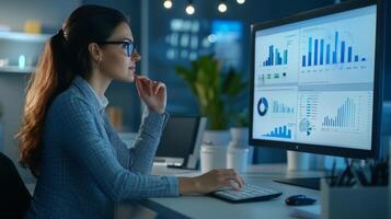 Businesswoman Analyzing Financial Data on Computer Screen photo