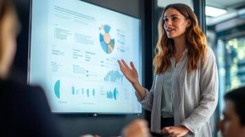 Woman Presenting Data and Graphs to a Group photo