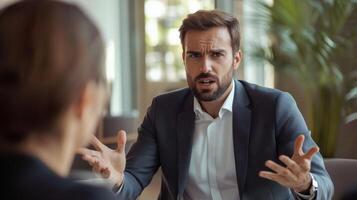 A Businessman with a Bearded Face Gesturing Animatedly While Arguing or Explaining photo