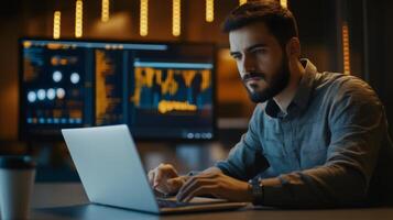 A Man Working on a Laptop in a Dark Office photo