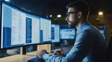 Man working late at night with multiple computer monitors displaying code photo