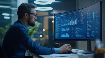 A Businessman Analyzing Data on a Curved Monitor photo
