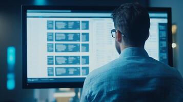 Back view of a man looking at computer screen filled with data photo