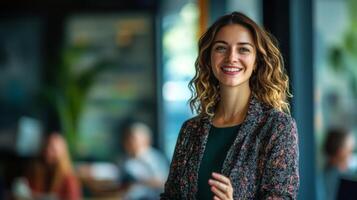 Portrait of a smiling woman in a floral jacket photo