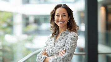 Portrait of a Smiling Woman with Arms Crossed in an Office Setting photo