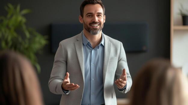 Smiling Man in a Suit Gesturing with Open Hands, Confidently Addressing an Audience photo