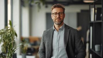 Confident Businessman in a Grey Blazer Standing in an Office photo