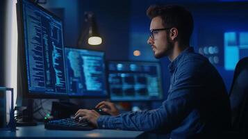 Young Man Working on Computer with Code Displayed on Screen photo