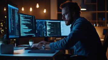 A Programmer Working Late at Night with Two Computer Monitors Showing Code photo
