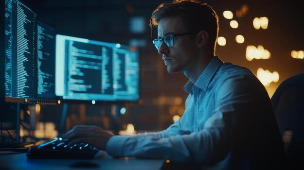 Man with Glasses Typing on Keyboard in Front of Computer Screens with Code photo