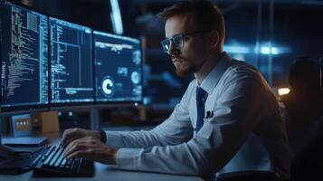 A Programmer Working Late at Night in a Dark Office photo