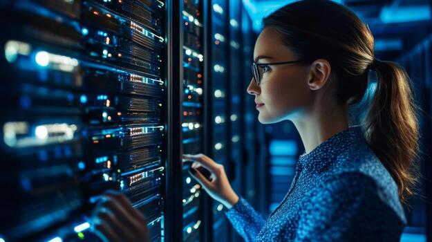 Female Technician Working on a Server Rack in a Data Center photo