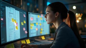 A woman working late at night in a dimly lit office, focused on her computer screen with post-it notes. photo