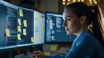 Woman Focused on Computer Code with Yellow Sticky Notes photo