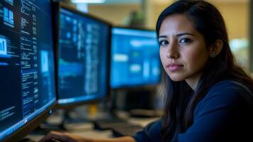 A Young Woman Working at a Computer, Focused on her Task photo