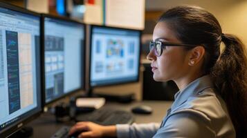 Woman in Glasses Working on a Computer with Multiple Screens photo