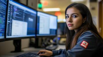Woman Working at Computer with Code on Screen photo