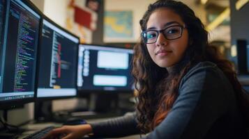 Young Woman Wearing Glasses Codes in Front of Multiple Computer Monitors photo
