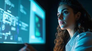 Woman Looking at Computer Screen with Data and Code Displayed photo