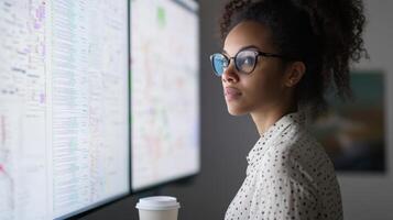 Woman in Glasses Looking at Computer Screens with Coffee photo