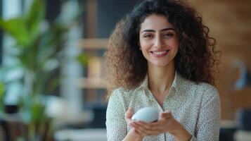 Smiling Woman Holding a White Egg-Shaped Object photo