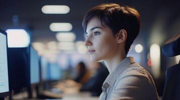 Woman in a White Shirt Working on a Computer in an Office photo