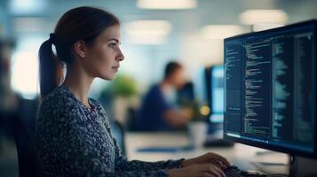 Focused Female Programmer Working on Code in a Modern Office Setting photo