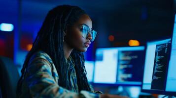 Woman with dreadlocks and glasses focused on a computer screen. photo