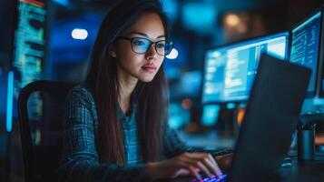 Young Woman in Glasses Working on Laptop with Code on Screen photo