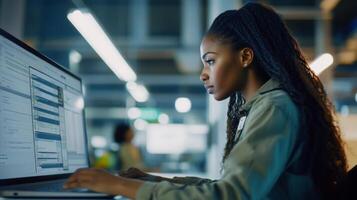 Black woman with braided hair coding on a laptop in an office setting. photo
