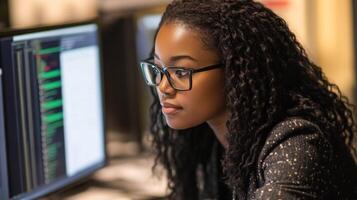 Close-up of a Woman Wearing Glasses, Looking at a Computer Screen photo