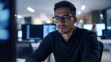 A Man in Glasses Focused on His Computer Screen photo