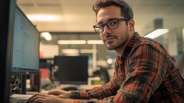 Man in Plaid Shirt Typing on Computer Keyboard in Office photo
