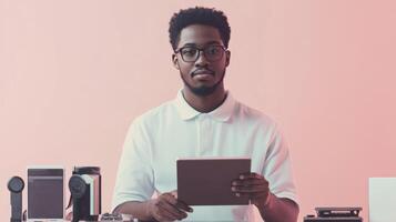 Young Black Man with a Tablet and Glasses Against a Pink Background photo