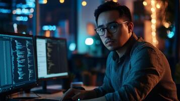 Young Man Working on a Computer in a dimly Lit Office photo