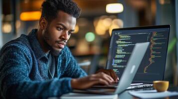 Focused Programmer Working on Laptop in Office Setting photo
