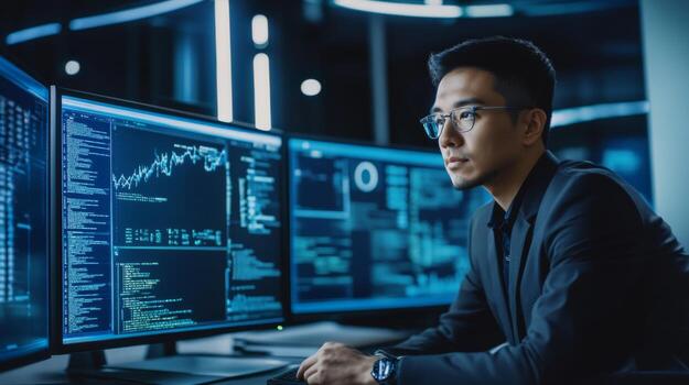 Man in Glasses Working Late at Night with Multiple Monitors Displaying Code and Graphs photo