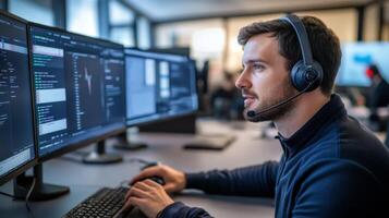 Man with Headphones Working on a Computer with Multiple Monitors photo