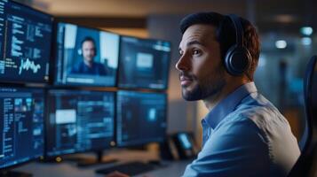 A man in headphones working on a computer with multiple screens photo