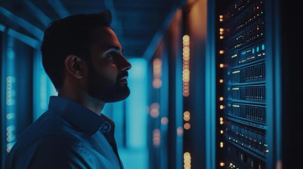 A Man Looking at a Server Rack in a Data Center photo