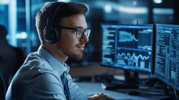 A man wearing a headset sits at a desk in front of multiple computer monitors, focusing on the data displayed. photo