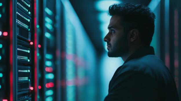 A Man Looking at Server Racks in a Data Center photo